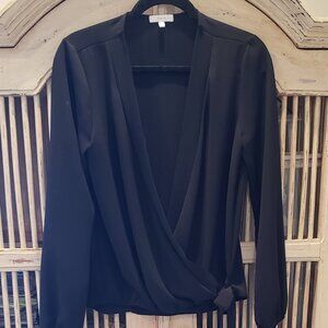 Tansy V Neck Black Semi Sheer Blouse with front Bow